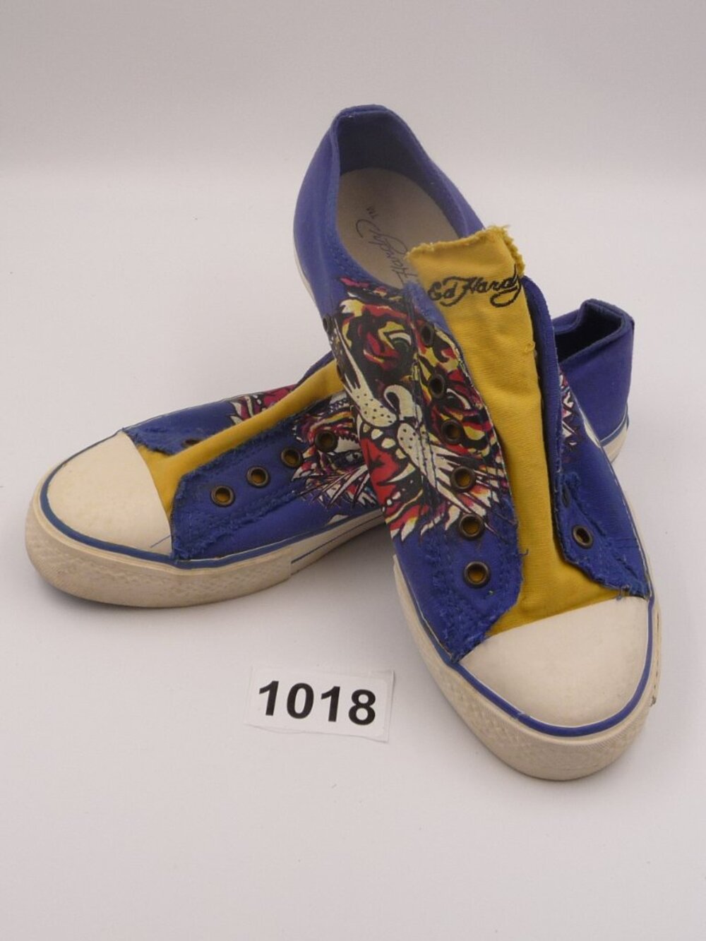 Ed Hardy Slip‑On Sneakers – Blue/Yellow Tattoo Graphic – Size 9